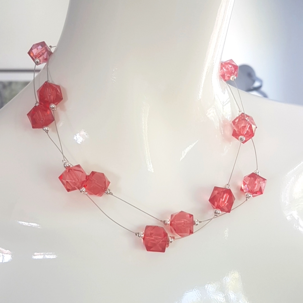 Transparent Wire Suspended Red Glass Beads Necklace